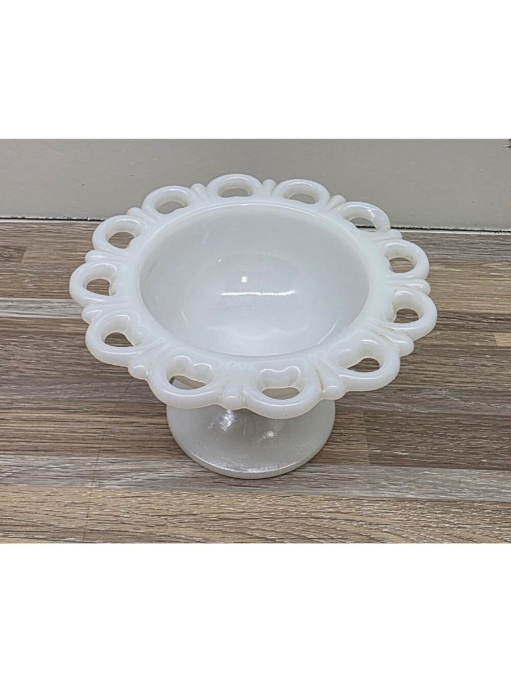 Vintage MCM White Milk Glass Open Lace Edge Pedestal Compote or Candy Dish